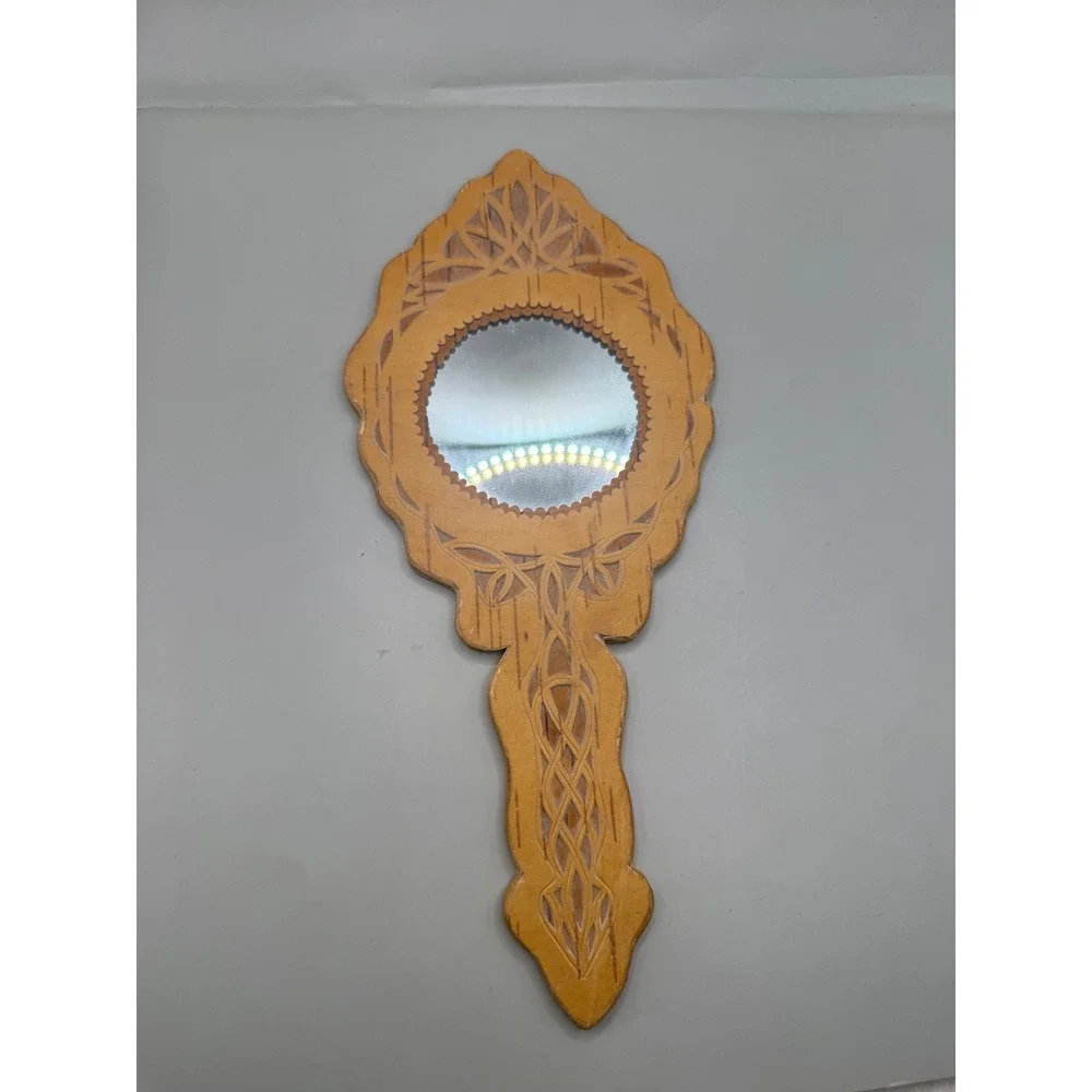 Vintage MCM Eastern European Hand Carved Birch Wood Hand Mirror 11.75